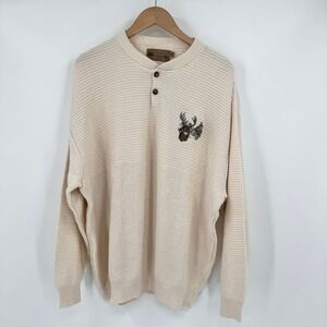 Shenandoah Vtg Cream Textured Henley Sweater Embroidered Buck Deer Cabin XXL Men